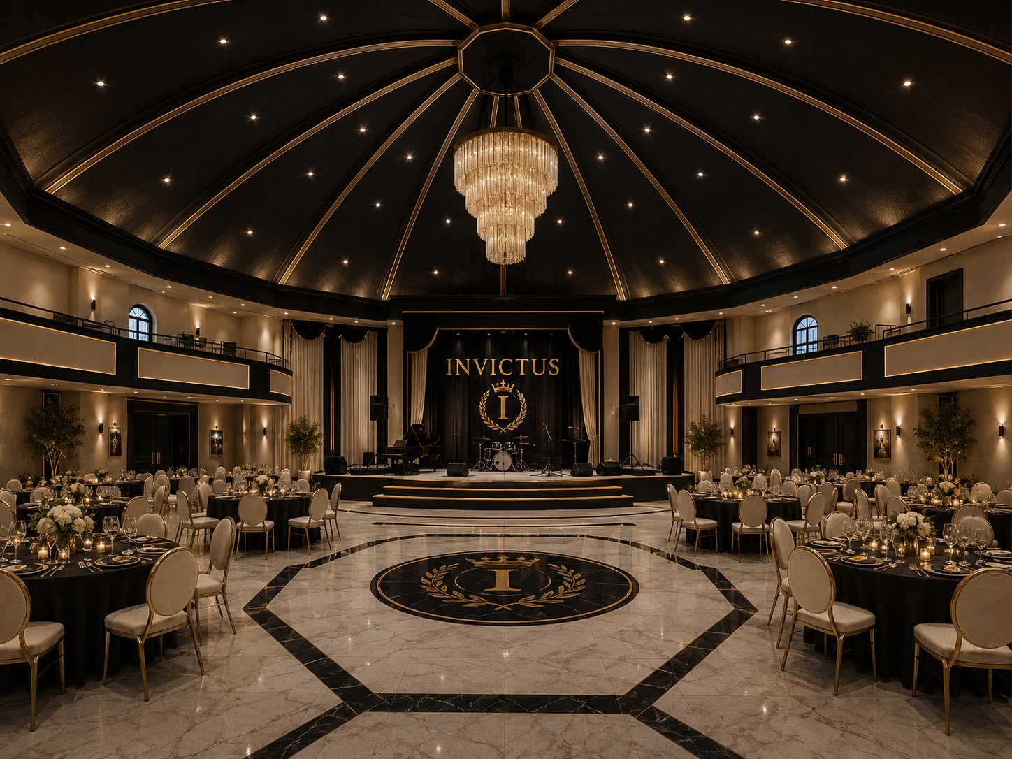 The Invictus grand ballroom, set for a banquet beneath a tiered chandelier and radial ceiling