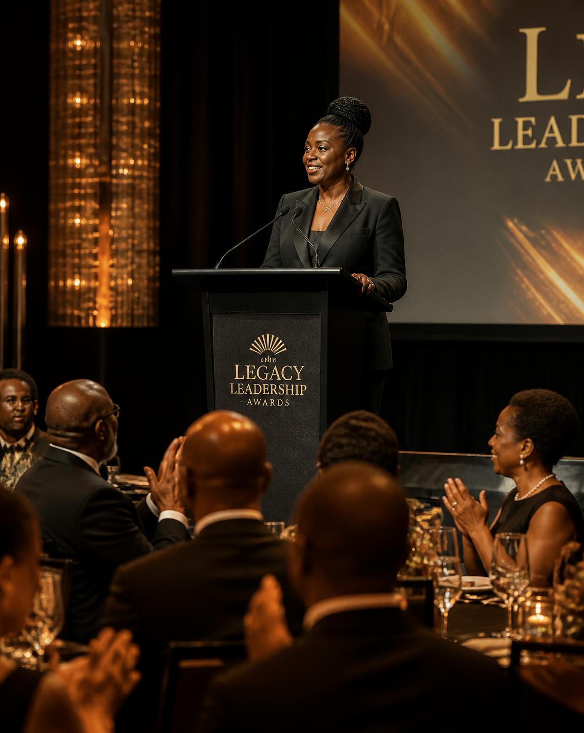 An executive speaking at an awards dinner as guests applaud