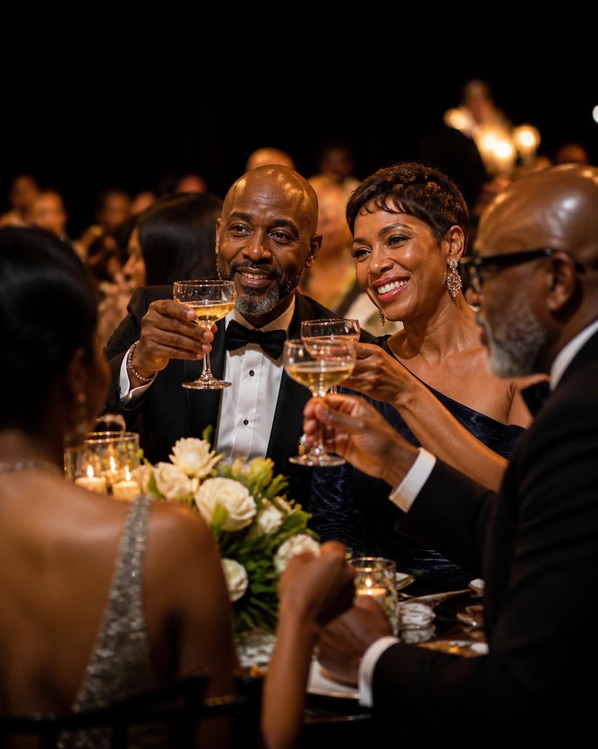 Guests in black tie raising champagne coupes during a gala toast