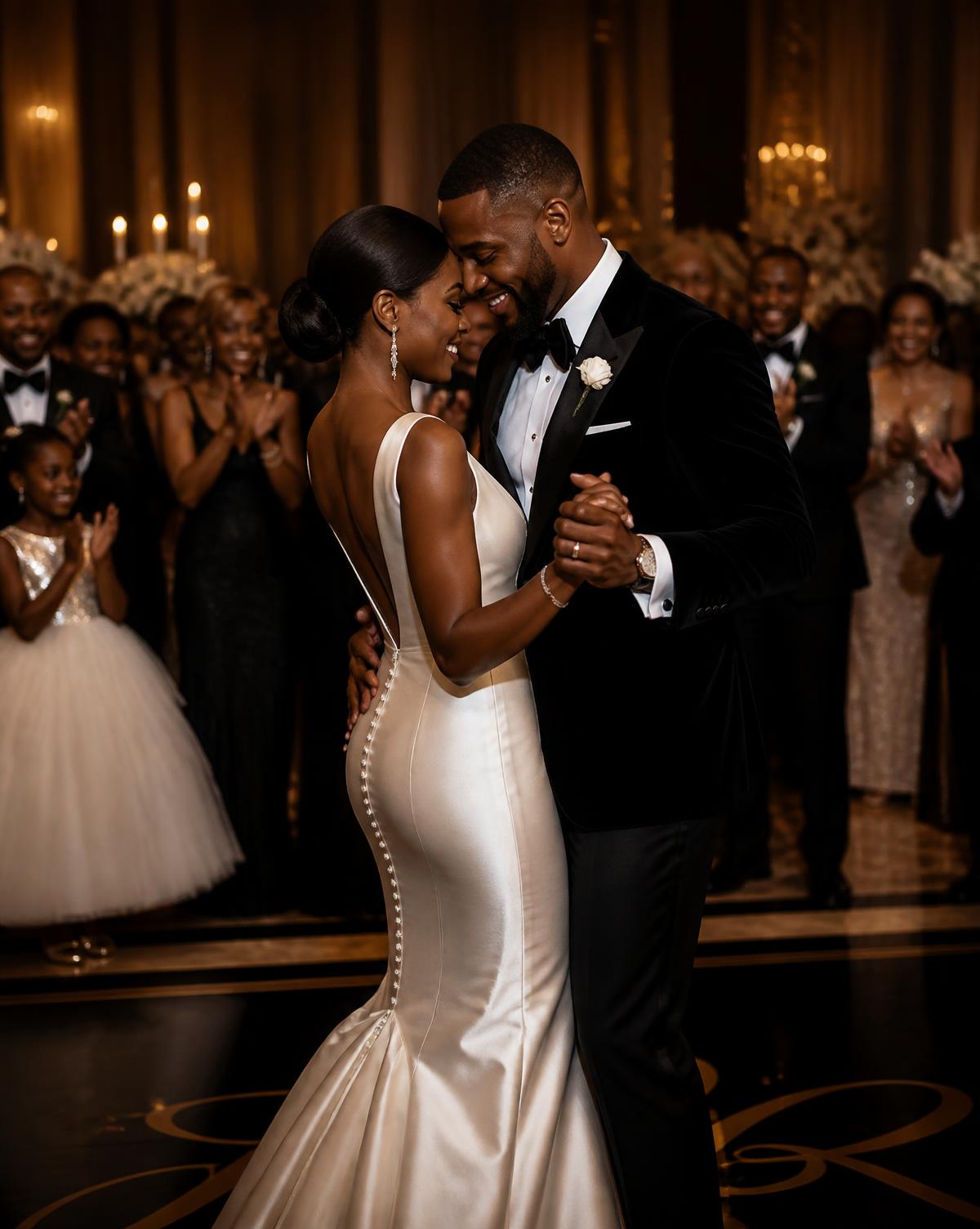 A couple sharing their first dance as family and friends look on